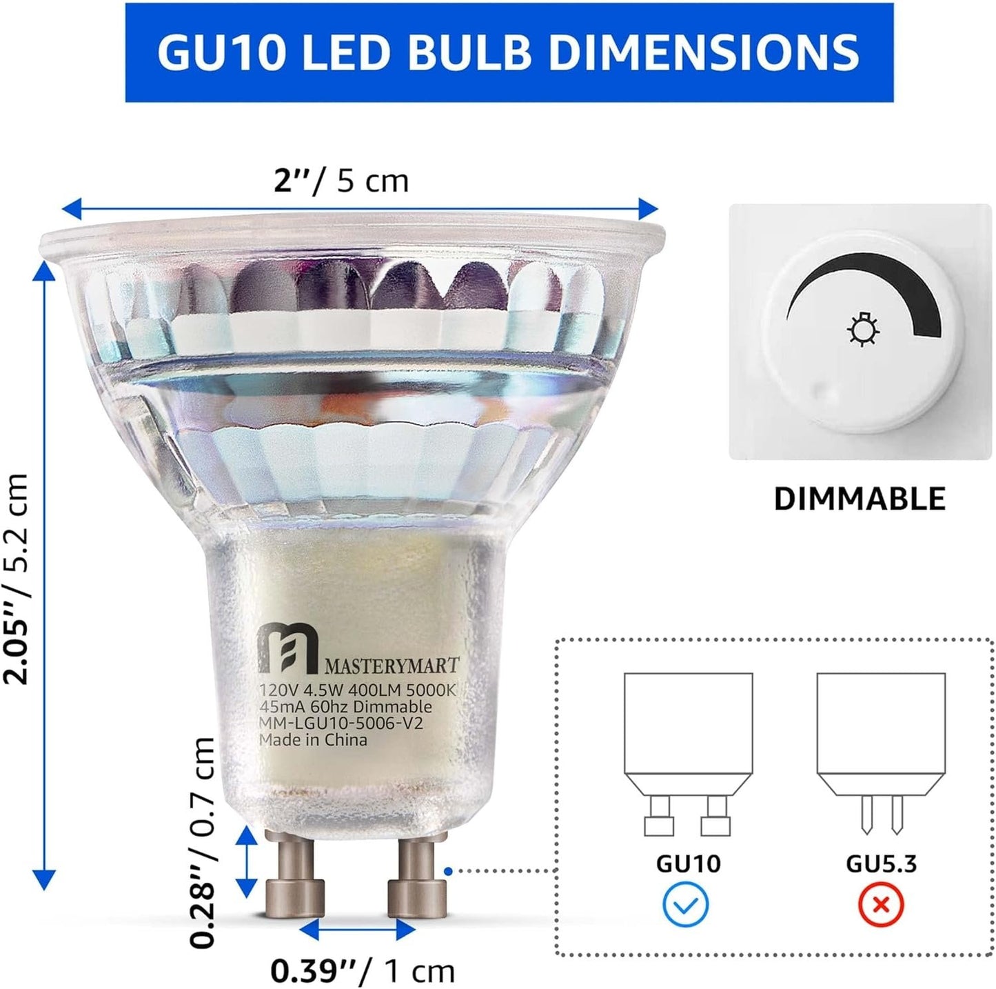 Mastery Mart Dimmable GU10 LED Light Bulbs, 4.5W Bright 5000K Daylight White 50W Halogen Equivalent, 400lm Energy Saver for Track Lighting Fixture, Kitchen, Basement, Living Room, 25000 hrs, 6 Pack