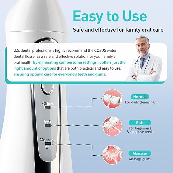 COSLUS Water Dental Flosser Teeth Pick: Portable Cordless Oral Irrigator 300ML Rechargeable Travel Irrigation Cleaner IPX7 Waterproof Electric Flossing Machine for Teeth Cleaning C20(F5020E) White