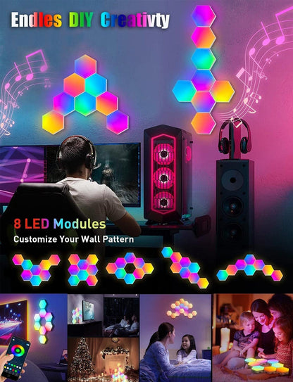 selfila Music Sync DIY Hexagon Lights - Smart APP and Remote RGB Wall Light Hexagonal Modular Gaming Light Honeycomb Shape Panels LED Lights for Bedroom Children Room Decor (8)