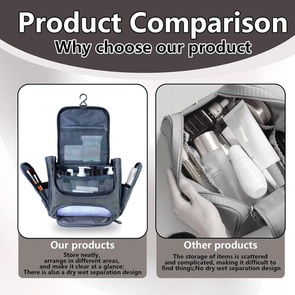 Hanging Travel Toiletry Bag for Women Men, Waterproof Cosmetic Makeup Organizer Bag Storage with Hook, Skincare Hygiene Bathroom Bag for Traveling Full Size Bottles (Gray)