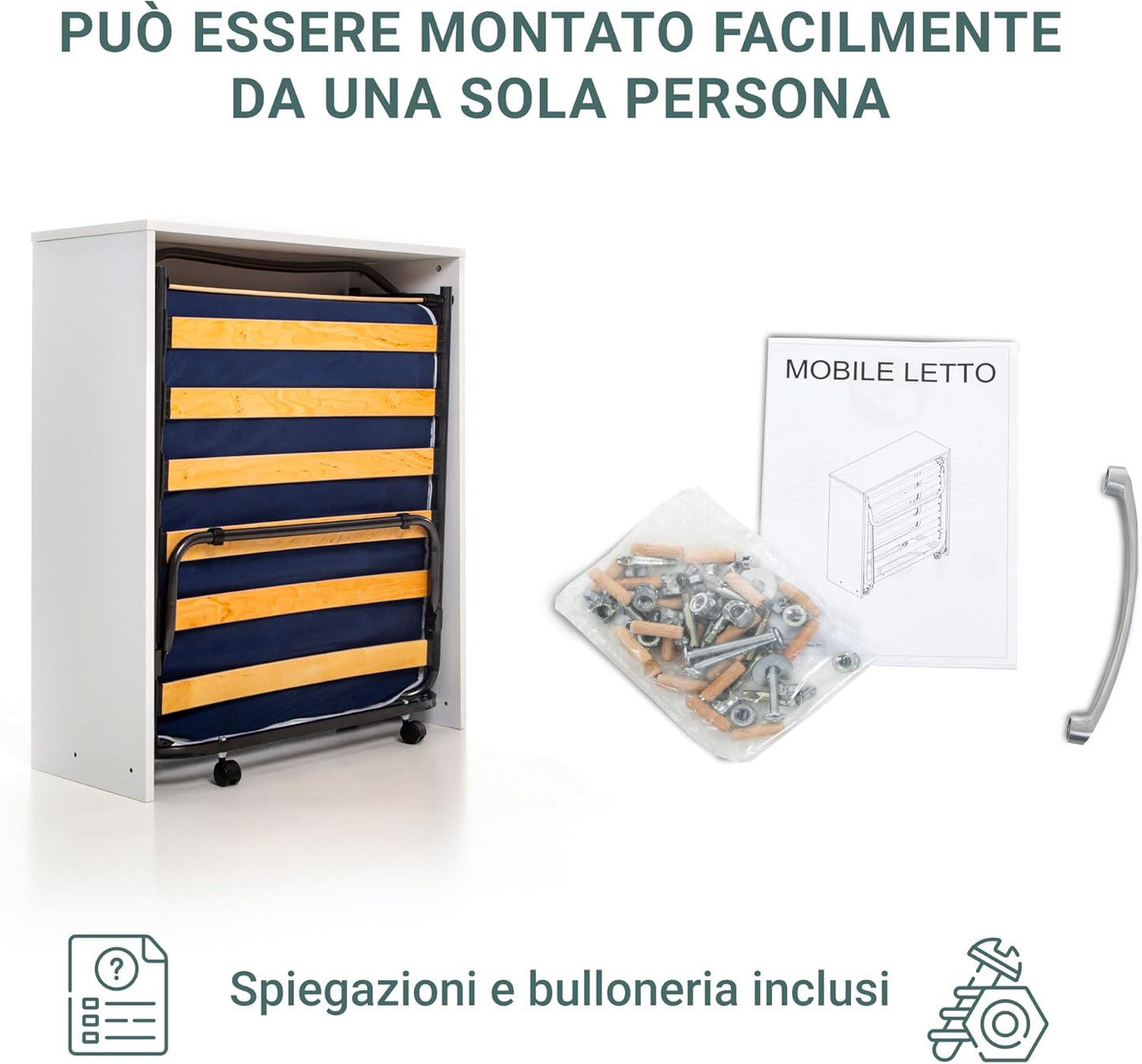 DOLCI SOGNI White 80 x 190 cm 100% Made in Italy, Retractable Bed with Wooden Slatted Base and Mattress, Pull-Out Folding Bed