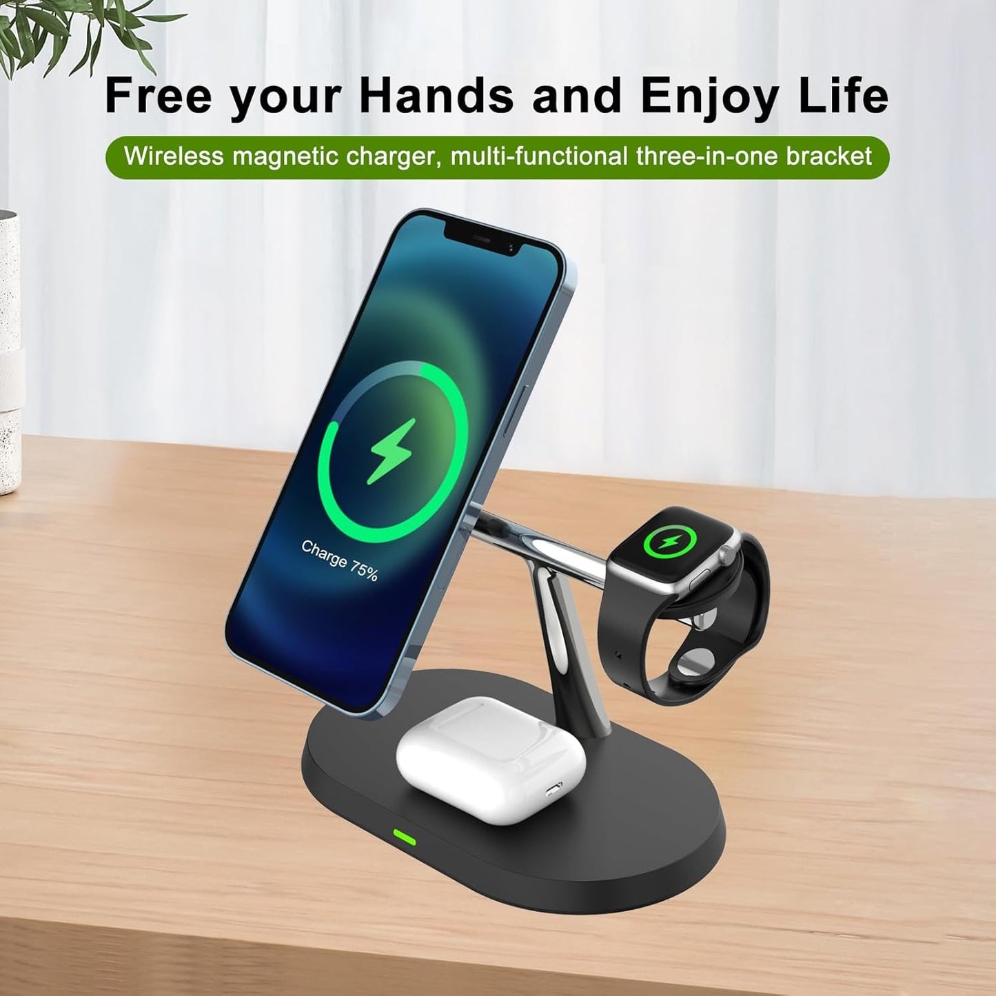 BUCKKO 3 in 1 Wireless Charging Station Compatible with Magsafe Qi | iPhone | iWatch |Airpod Charging Station| Fashion Desktop Devices Reliable Voltage Support 3X+ Devices (White W/O Night Light)
