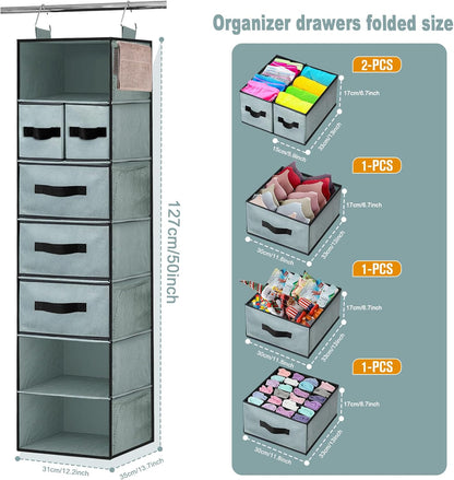 VERONLY 7-Shelf Hanging Closet Organizer with 5 Different Drawers, Hanging Closet Shelves Storage and 8 Mesh Pockets, Closet Organization and Storage for Wardrobe, Underwear, Livingroom, Dorm (Grey)