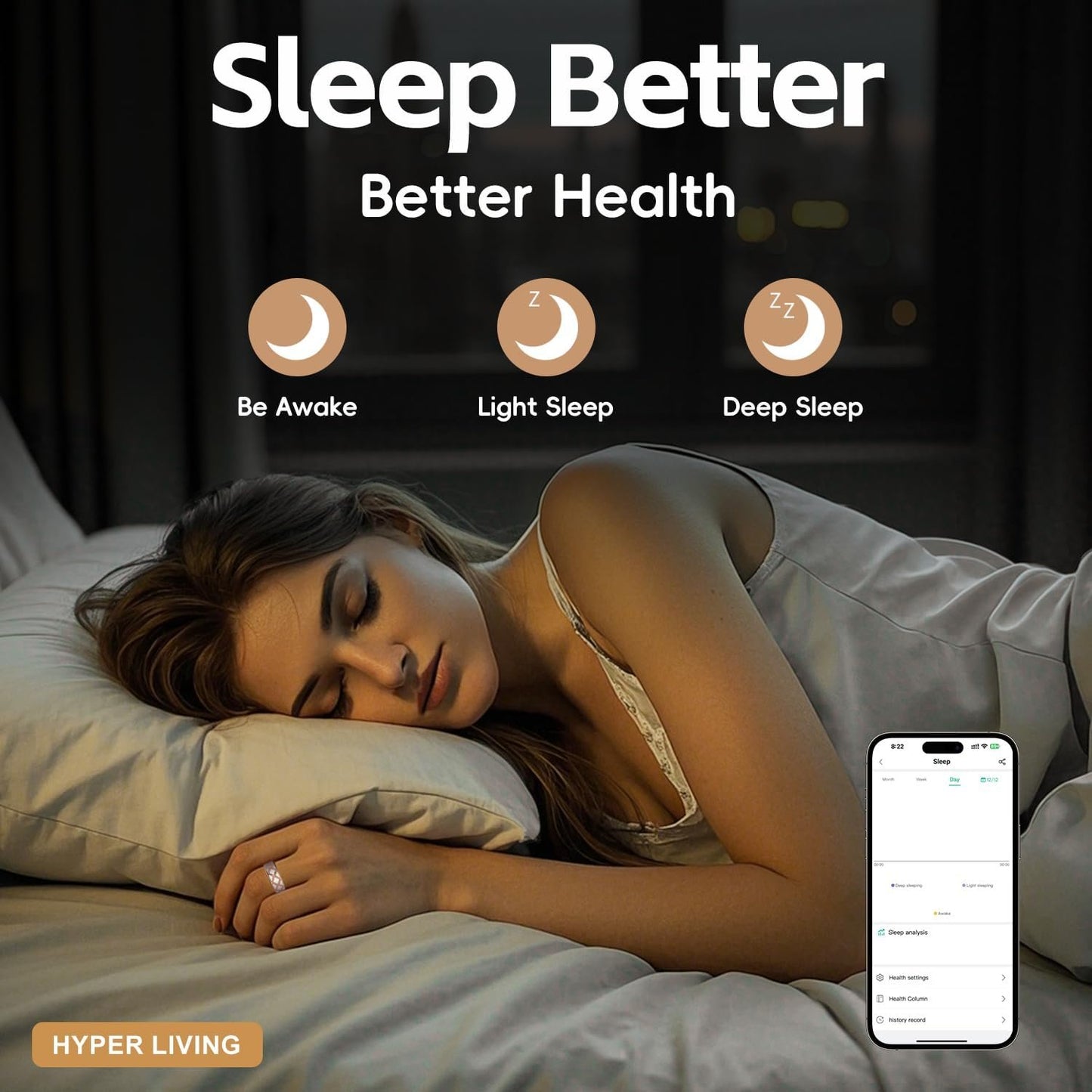 Smart Ring Sports Ring Sleep Tracker Fitness Tracker Ring Charging Box Android/iPhone Compatible Smart Ring IP68 Waterproof (8#)