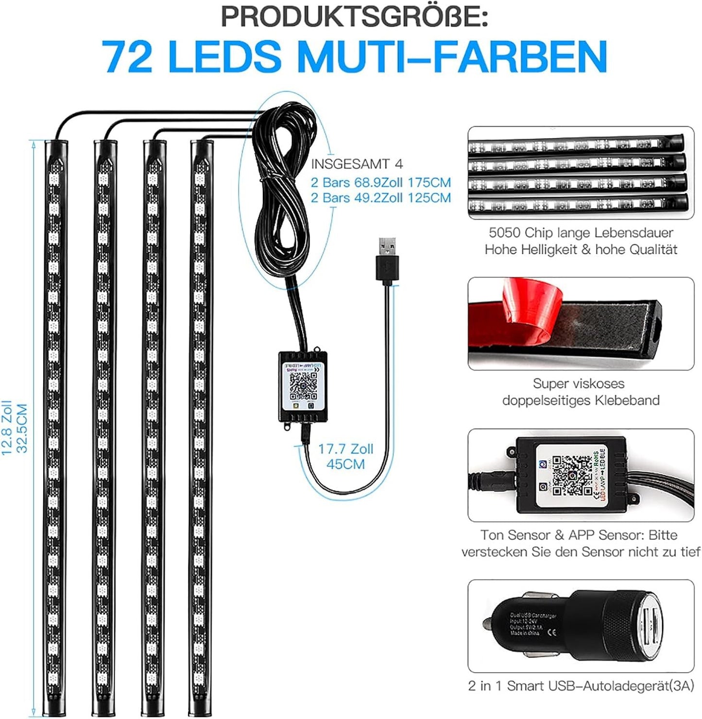 AIGUOZER Car Interior Lighting, Waterproof 48 LEDs, LED Strips Car with USB Port, Car Accessories Interior for Men and Women Car Decoration