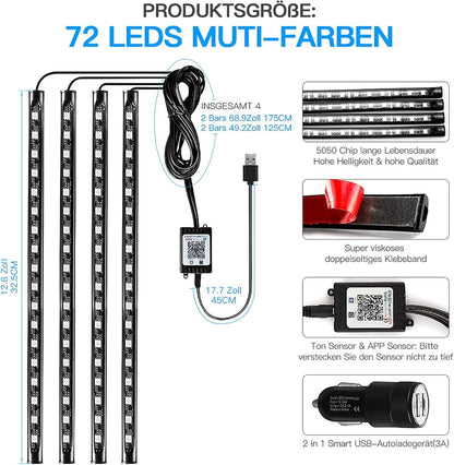 AIGUOZER Car Interior Lighting, Waterproof 48 LEDs, LED Strips Car with USB Port, Car Accessories Interior for Men and Women Car Decoration