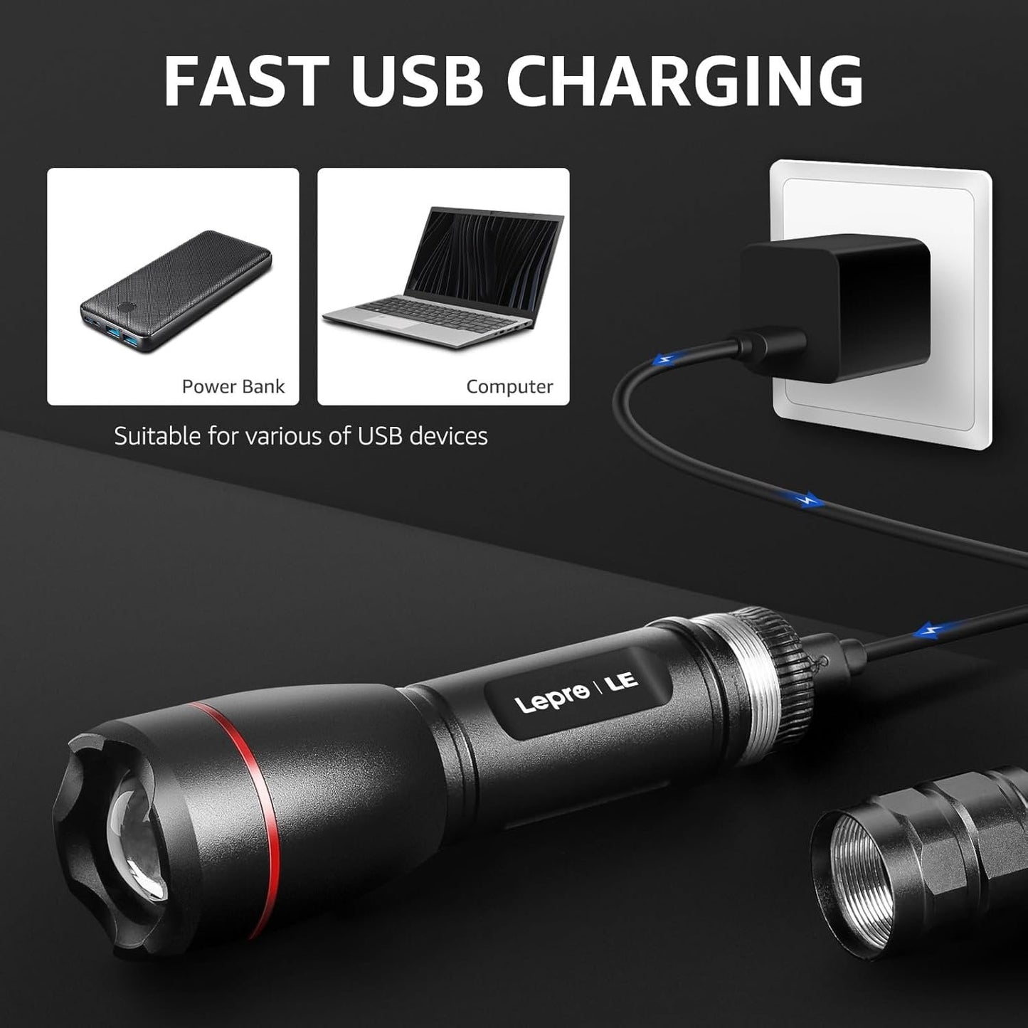 Lepro LED Torch Rechargeable, 15000 Lux Super Bright Adjustable Focus Flashlight with 5 Modes, IPX4 Waterproof, Lightweight Handheld Torch for Camping, Running.