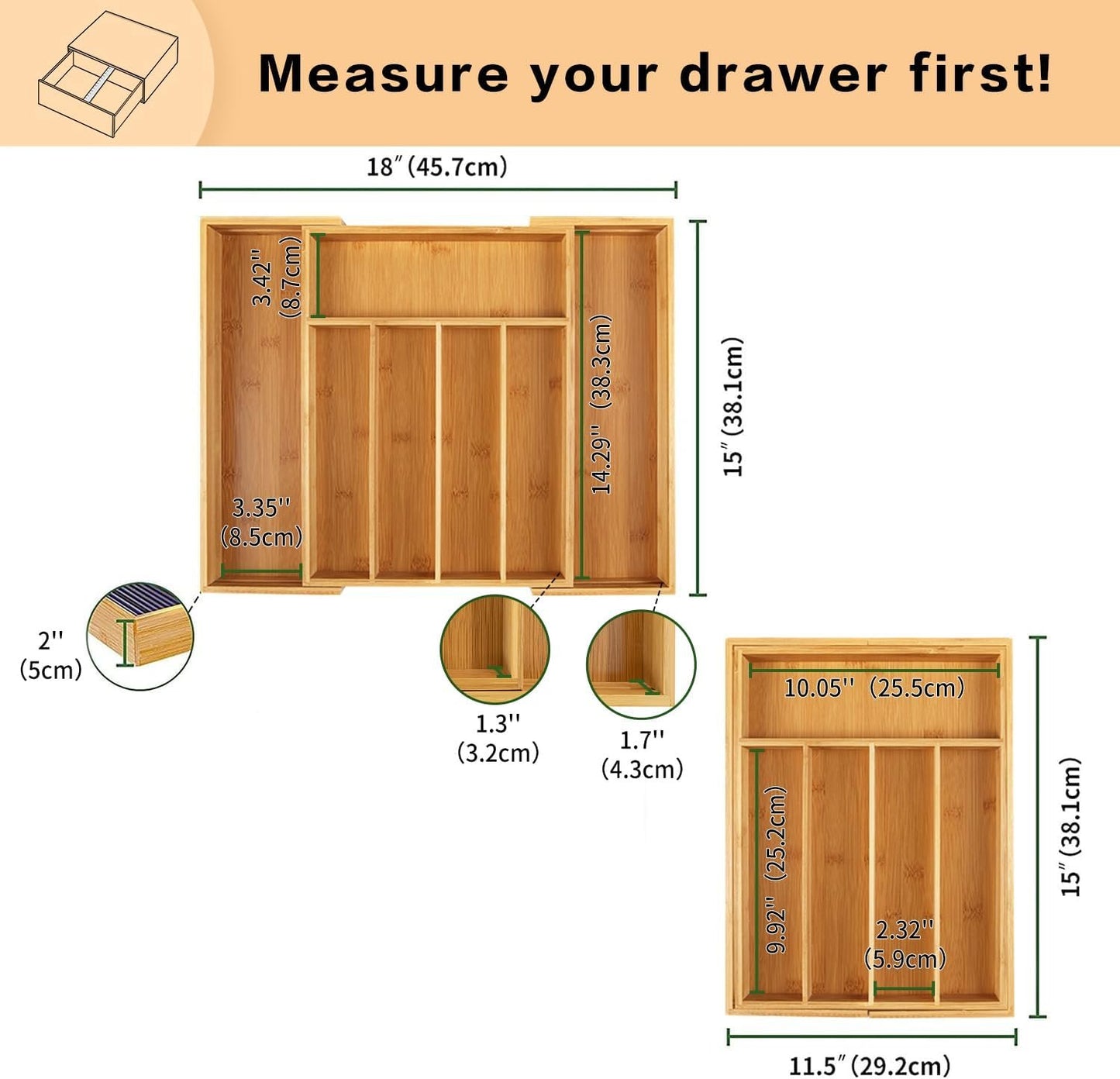 SafeHouseware Bamboo Expandable Cutlery Organizer Tray: Holds Silverware, Flatware, Utensils, Cutlery, Accessories or Gadgets Size:11.5" - 18" W X 15"d X 2" H