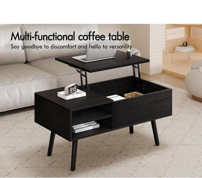 ALFORDSON Lift Tabletop Coffee Table Center Table Black Color, Living Room Office Reception Dining Table with Rising Top, Hidden Storage and Side Open Shelves