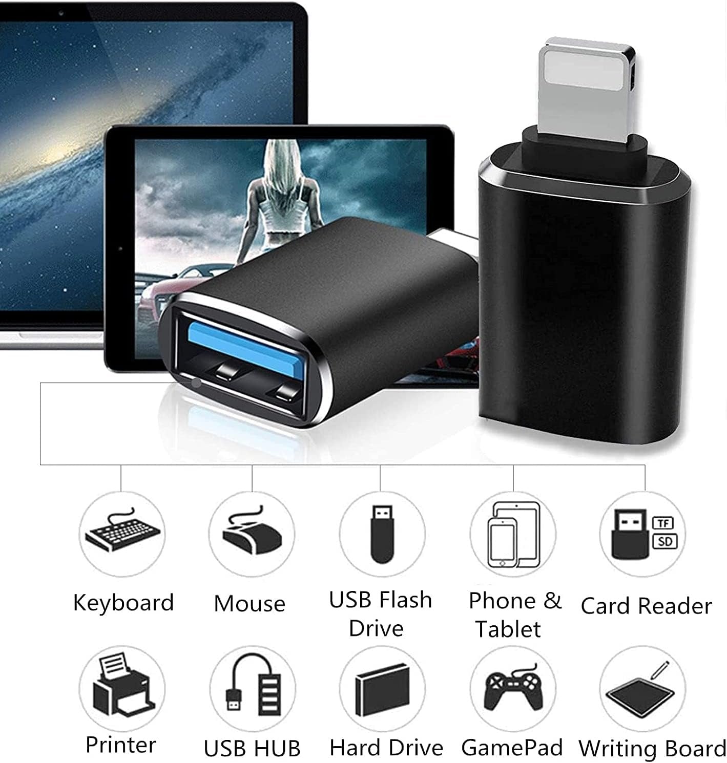 (Apple MFi Certified)Lightning Male to USB3.0 Female Adapter OTG Cable,2 Pack Portable USB Camera Adapter OTG Data Sync Cable for iPhone13/12/11/Xr/X/XS/8/7/Card Reader/Flash Drive/Mouse/MIDI Keyboard