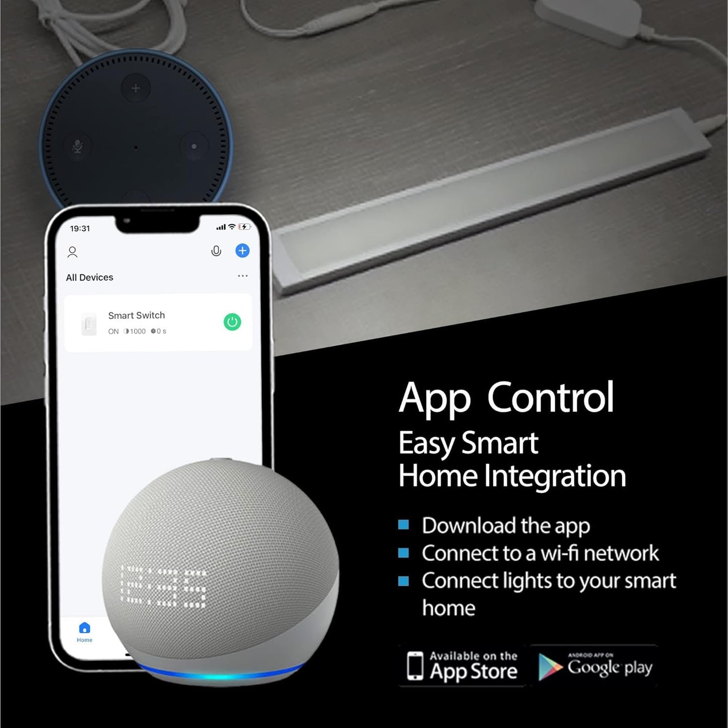 EShine 1 Pack 20 inch Black Smart Dimmable LED Under Cabinet Lighting Kit Compatible with Alexa, Google - Light Color Warm White (3000K)