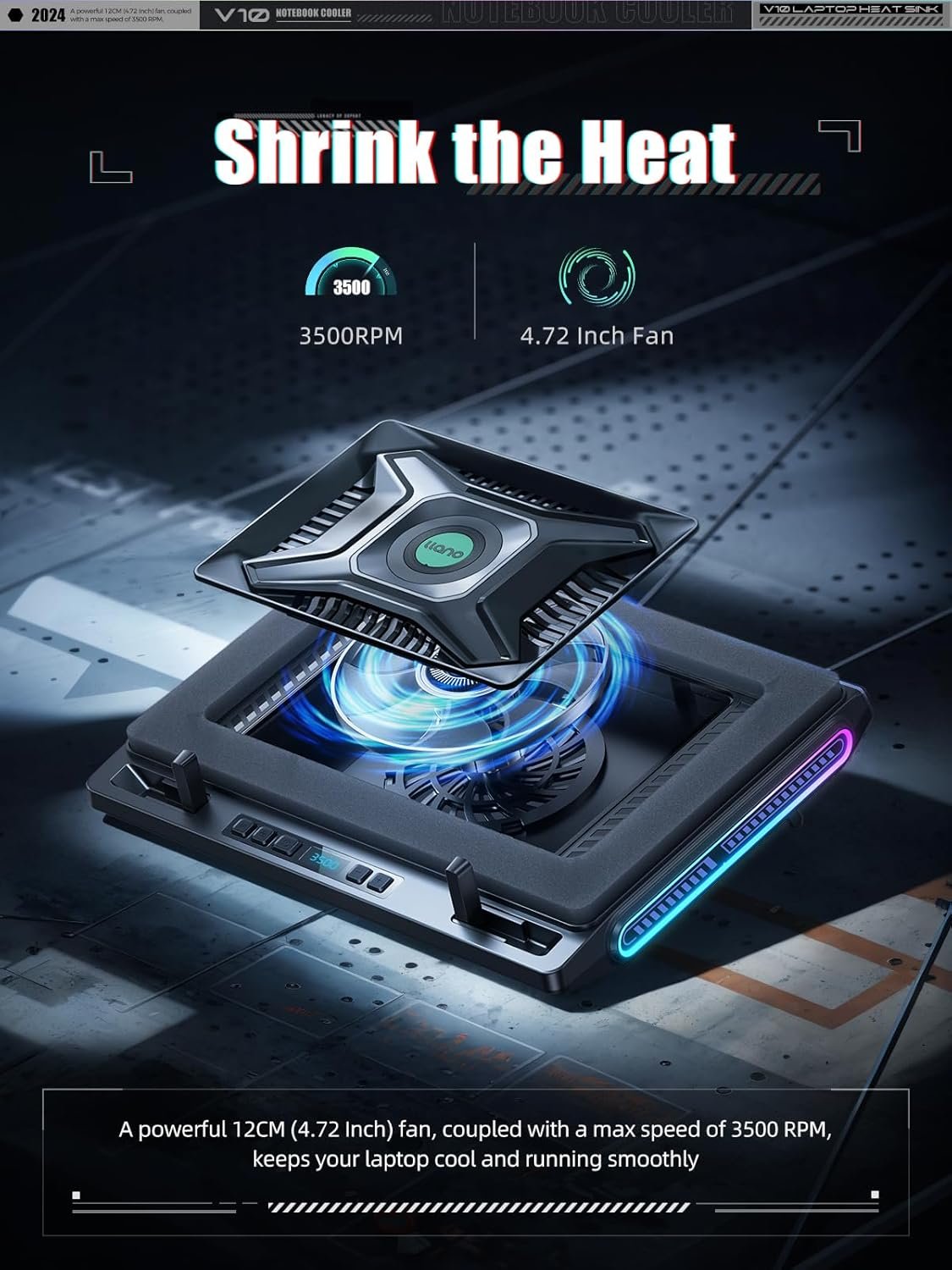 llano V10 Gaming Laptop Cooling Pad, RGB Laptop Cooler Stand with 4.72 Inch External Powerful Cooling Fan, Rapid Cooling Computer 13-17.3in, Action Button Control, 3 Adjustable Stand, 4-Port USB C&A