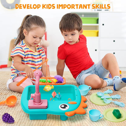 Kitchen Sink Toy with Running Water Dishwasher Play Kitchen Accessories with Automatic Water Circulation Tableware Accessories Vegetable Fruit Fishing Games Gift for Girls and Boys（Green）