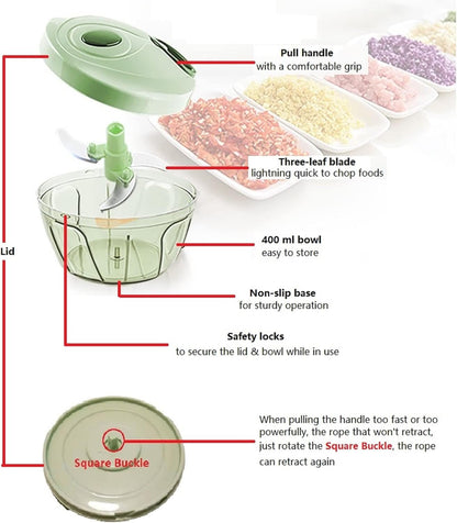 Brilliant JJJJ Complete Set for Hassle-Free Garlic Prep - 400ML Manual Food Chopper, Vegetable Chopper, Hand-Pull Food Processor, and Silicone Garlic Peeler with Cleaning Brush for Chopper Blades
