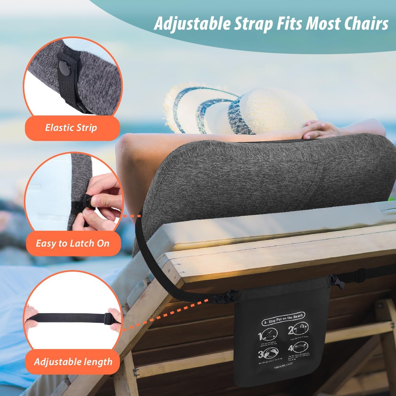 TREKOLOGY Inflatable Beach Pillow with Removable Washable Cover, Sand Bag Anchor & Adjustable Strap – Lightweight, Compact Travel Pillow for Beach, Pool, Hiking, and Outdoor Adventures