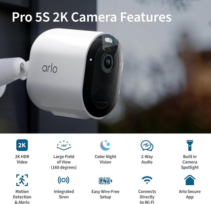 Arlo Pro 5S 2K Spotlight Camera - Wireless Home Security Camera with Spotlight, Color Night Vision, Dual-Band Wi-Fi & 2-Way Audio - White, 4 Pack, VMC4460P