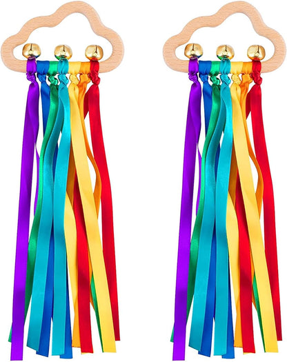 2 Pcs Waldorf Rainbow Hand Ribbon Kite Montessori Wooden Baby Toys Rainbow Twirler Stick with Bell for Babies Toddler Sensory Toys Rings