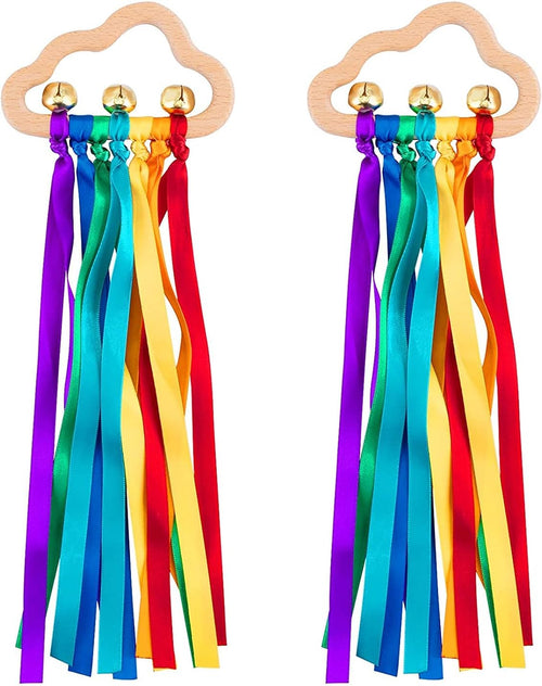 2 Pcs Waldorf Rainbow Hand Ribbon Kite Montessori Wooden Baby Toys Rainbow Twirler Stick with Bell for Babies Toddler Sensory Toys Rings