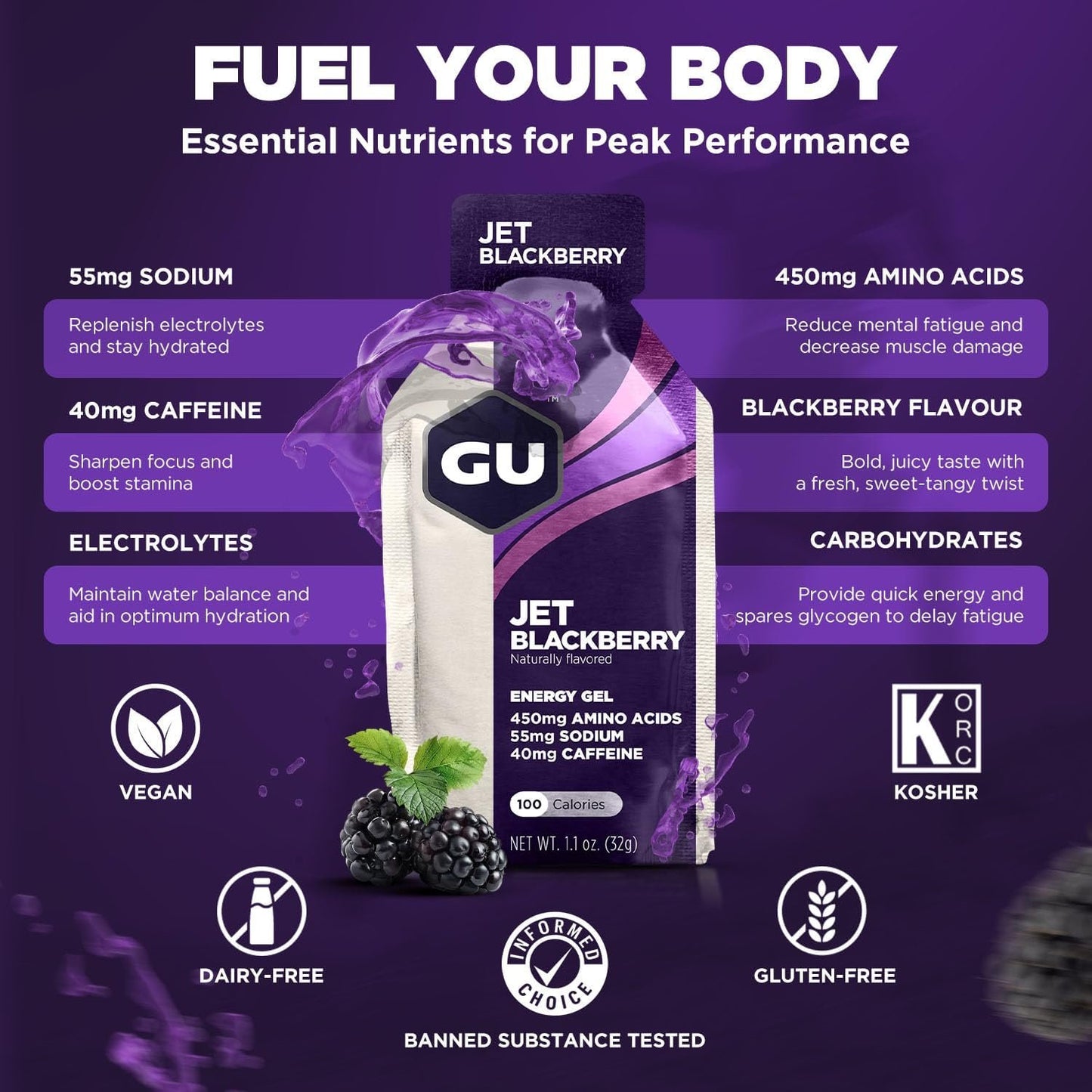 GU ENERGY Original Sports Nutrition Energy Gel, Jet Blackberry, 24-Count