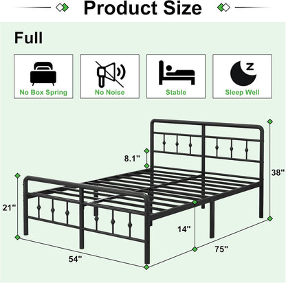 EMODA 14 Inch Full Size Bed Frame with Headboard and Footboard, Heavy Duty Metal Full Bed Foundation, No Box Spring Needed, Easy Assembly