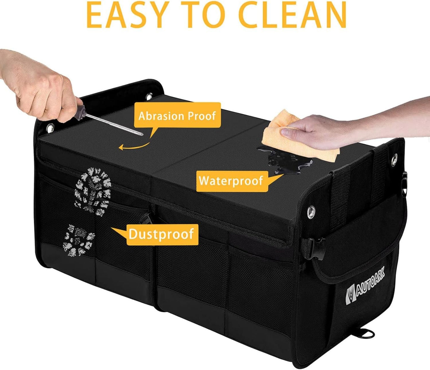 Autoark Multipurpose Car Trunk Organizer with Foldable Lid and Straps,Non-Slip Waterproof Bottom,Durable Collapsible Adjustable Compartments Cargo Storage,Black,AK-102