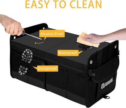 Autoark Multipurpose Car Trunk Organizer with Foldable Lid and Straps,Non-Slip Waterproof Bottom,Durable Collapsible Adjustable Compartments Cargo Storage,Black,AK-102
