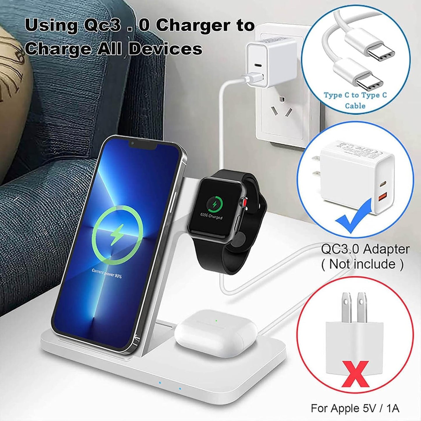 Wireless Charger 3 in 1 Wireless Charging Station Compatible with Apple Watch/iPhone/Airpods,iPhone 16 15 14 13 12 11(Pro,Pro Max)/XS/XR/X/16 (Plus)/Galaxy S Note,iWatch 10/Ultra 2/9/8/7/6/SE/5/4/3/2