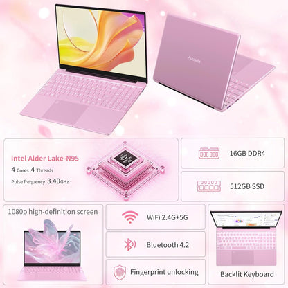 Auusda 15.6 Inch Full HD Laptop, 32GB DDR4 RAM 1TB SSD, N95 Up to 3.4GHz with Fingerprint Unlock Notebook, Cooling Fan, Webcam, Dual Speakers, Mini HDMI, Student/Business Laptop - Pink