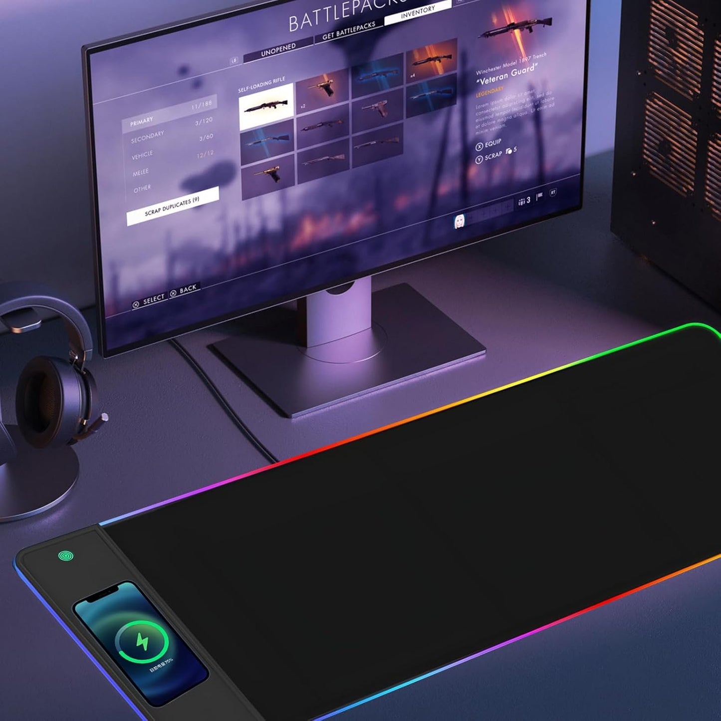 RGB Gaming Mouse Mat 15 W Qi Upgrade Mouse Mat Non-Slip Rubber Foot Mouse Pad Black Waterproof Gaming Accessories with 10 Lighting Modes LED Light for iPhone Pro Mobile Phone, Headphones, Home, Office