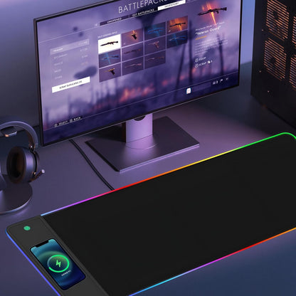 RGB Gaming Mouse Mat 15 W Qi Upgrade Mouse Mat Non-Slip Rubber Foot Mouse Pad Black Waterproof Gaming Accessories with 10 Lighting Modes LED Light for iPhone Pro Mobile Phone, Headphones, Home, Office