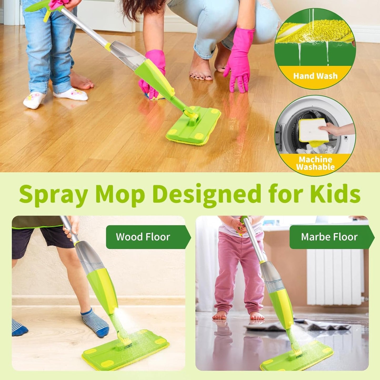 Yasterd Kids Spray Mop,Fun & Functional Toddler Cleaning Set,Real Working Mop for Floors,Pretend Play & Learning – Includes Spray Bottle, 2 Washable Microfiber Pads, Montessori Kids Cleaning Toy Set