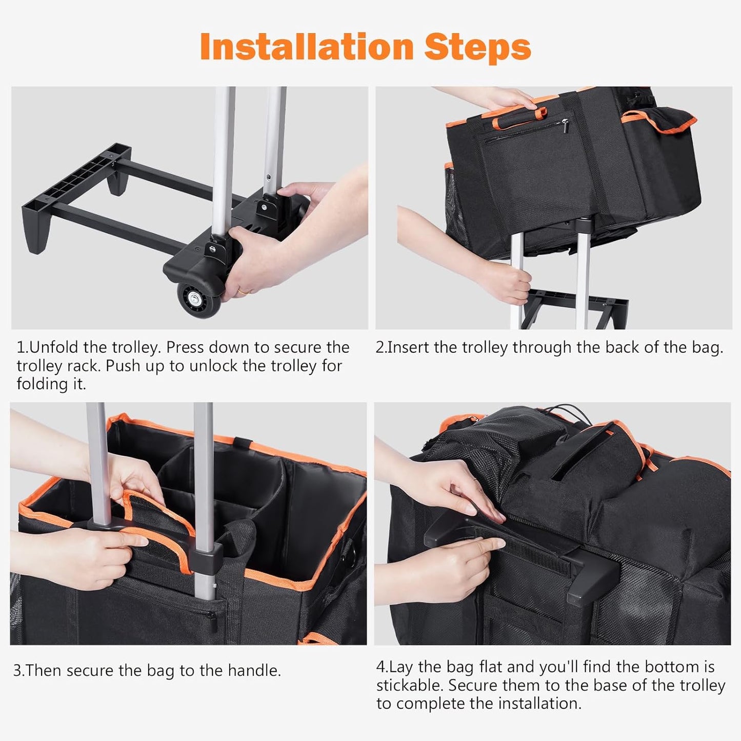 Puricon Cleaning Caddy with Wheels, Professional Portable Rolling Cleaning Supplies Bag with Detachable Trolley Large Cleaning Cart with Handle and Shoulder Strap for Housekeeping -Blackorange