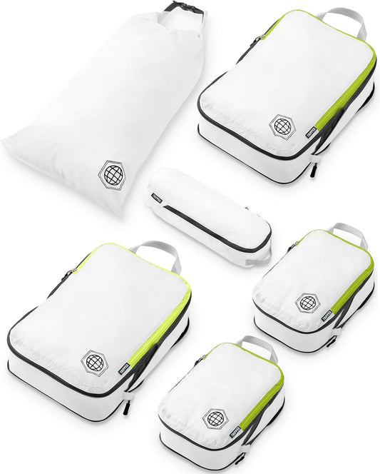 Compression Packing Cubes for Travel - Luggage and Backpack Organizer Packaging Cubes for Clothes (White and Green, 6 Piece Set), White/Green, 6Piece