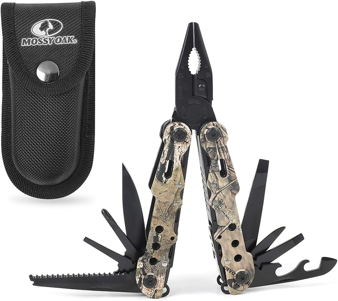 MOSSY OAK Camo Multi Tool Portable Outdoor Folding Pocket Multitool with Nylon Sheath, Knife, Pliers, Screwdrivers and More, Stainless Steel