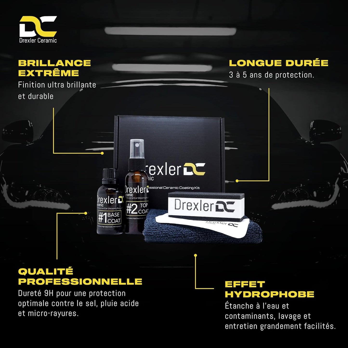 Drexler 9H Car Ceramic Coating Kit - Professional Protection, 3-5 Years of Shine, 9H Hardness, Extra Water Repellent, High Gloss Finish