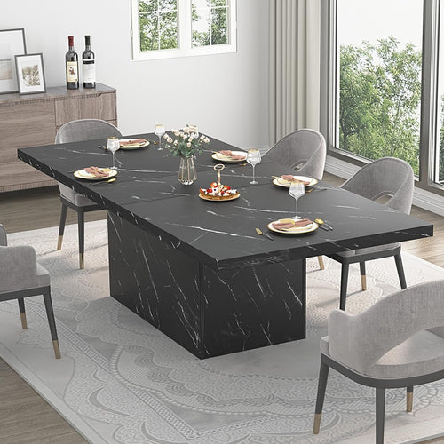 HSH 71” Black Dining Table for 6-8, Rectangle Modern Faux Marble Dinner Table, Large Dining Room Table for Kitchen Living Room, Industrial Wood Kitchen Table with Sturdy Base, Black, 71 Inch