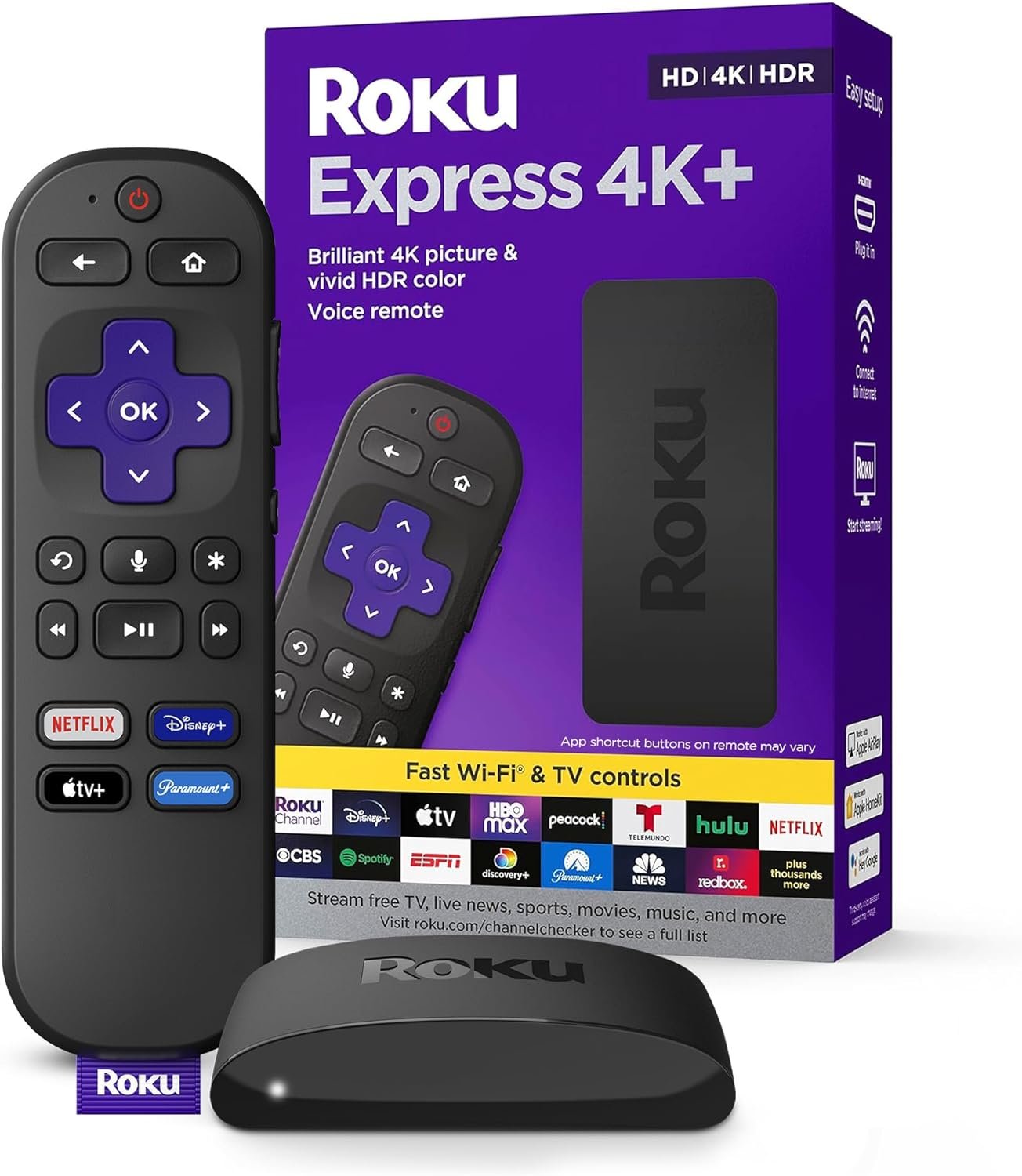Roku Express 4K+ | Streaming Player HD/4K/HDR with Roku Voice Remote with TV Controls, Includes Premium HDMI Cable