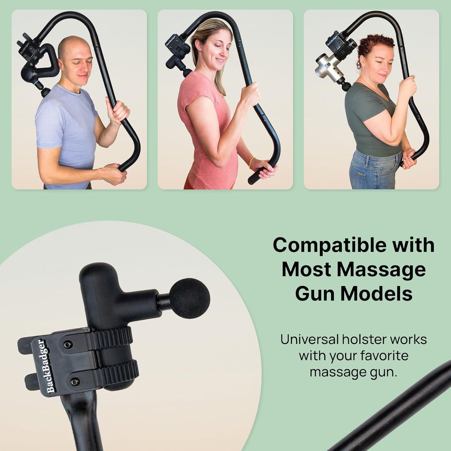 Ninefold Design BackBadger Percussive Massage Gun Holder for Back, Compatible with Most Massage Guns, for Hard to Reach Areas - Black