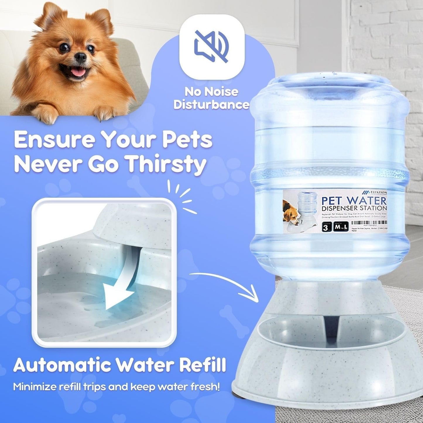 Flexzion Gravity Pet Water Dispenser Drinking Station for Dogs Cats (3 Gallon) Automatic Replenish Waterer for Small Large Breed Dog Cat Animal, Feeding Watering Fountain Supplies Bottle Dish Bowl