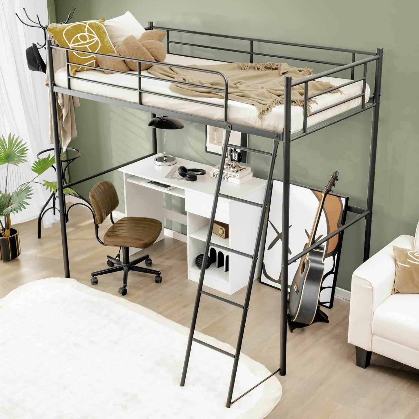 Giantex Loft Bed with Ladder, Heavy-Duty Steel Bed Frame with High Guard Rails & Ample Underneath Floor Space for Working & Relaxation, Versatile Bed Frame, No Box Spring Needed, Space-Saving (Black)