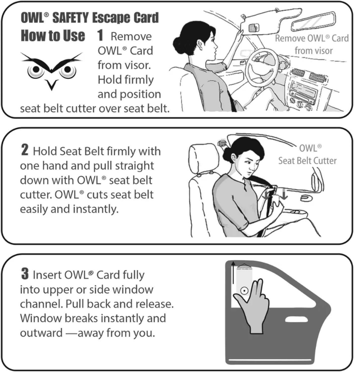 OWL Car Window Breaker and Seatbelt Cutter Card Auto Crash Emergency Escape Tool Life Saving Survival Kit 2-in-1 Tool - Made in USA with Red Holder