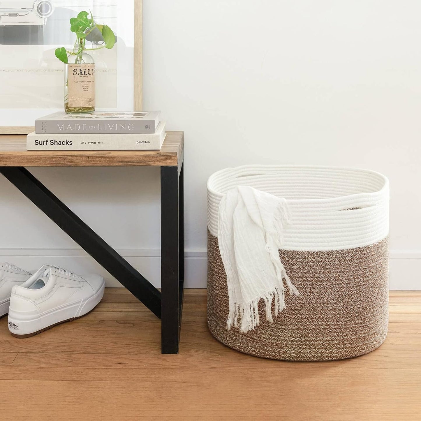 INDRESSME Large Cotton Rope Storage Basket - Woven Blanket Basket in Living Room Pillows Storage Bins with Handles for Toys Plant Basket Home Decor Warm Mix Brown White, 15.8"x15.8"x13.8"