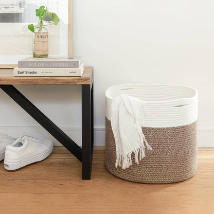 INDRESSME Large Cotton Rope Storage Basket - Woven Blanket Basket in Living Room Pillows Storage Bins with Handles for Toys Plant Basket Home Decor Warm Mix Brown White, 15.8"x15.8"x13.8"