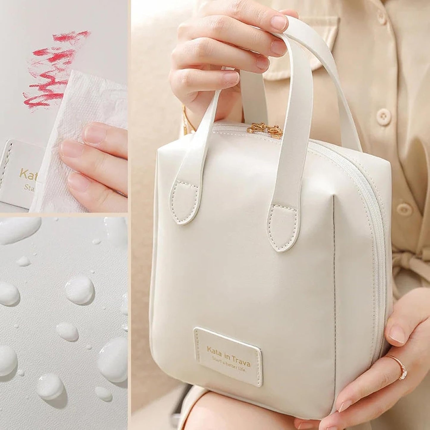 Toiletry Bag | Toiletry Bag for Women | Large PU Leather Organizer - Toiletry Bag with 2 Compartments and 6 Pockets - Water-Resistant Portable Hygiene Bag for Makeup - Travel Companion, White