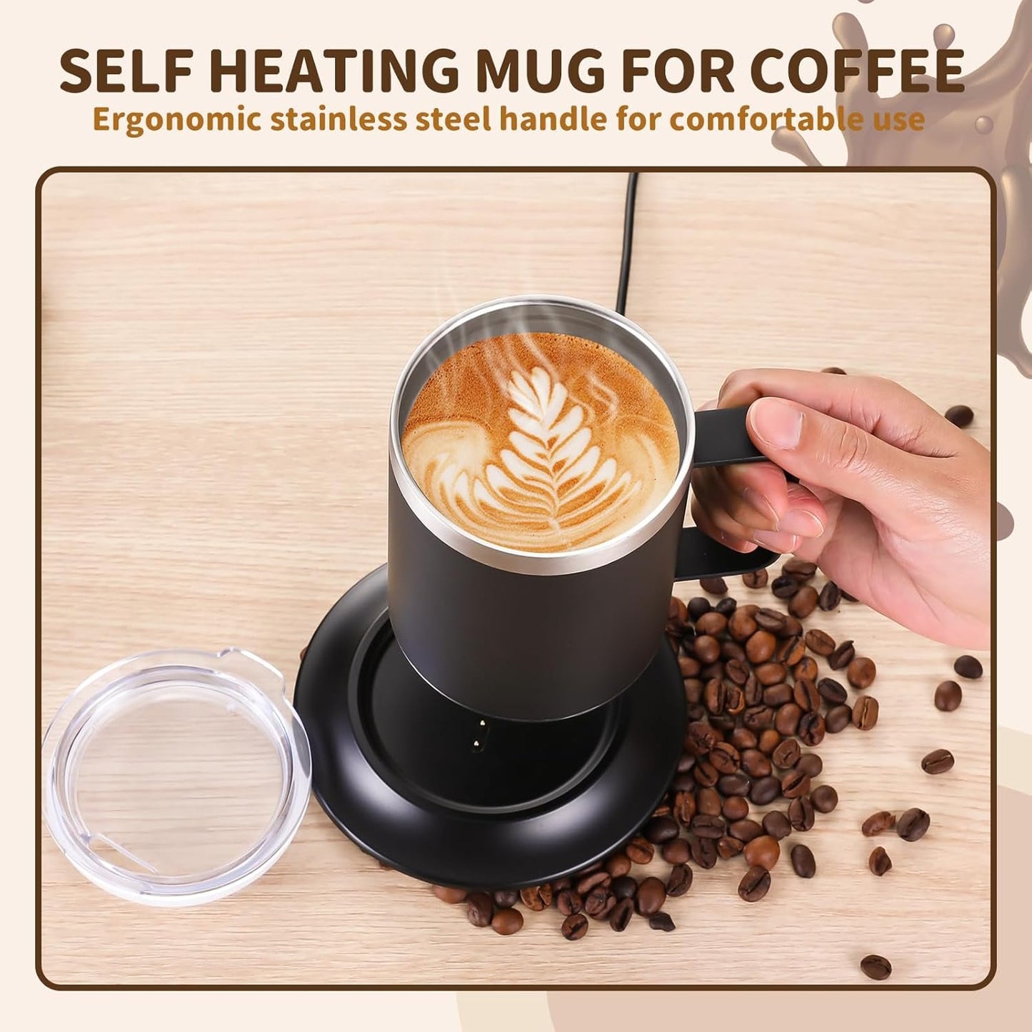 Self-Heating Coffee Mug - 12oz USB Electric Heated Mug with Temperature Control & 10H Auto Shut Off, Smart Warming Travel Mug for Hot Tea/Coffee, for Office/Home (Black)