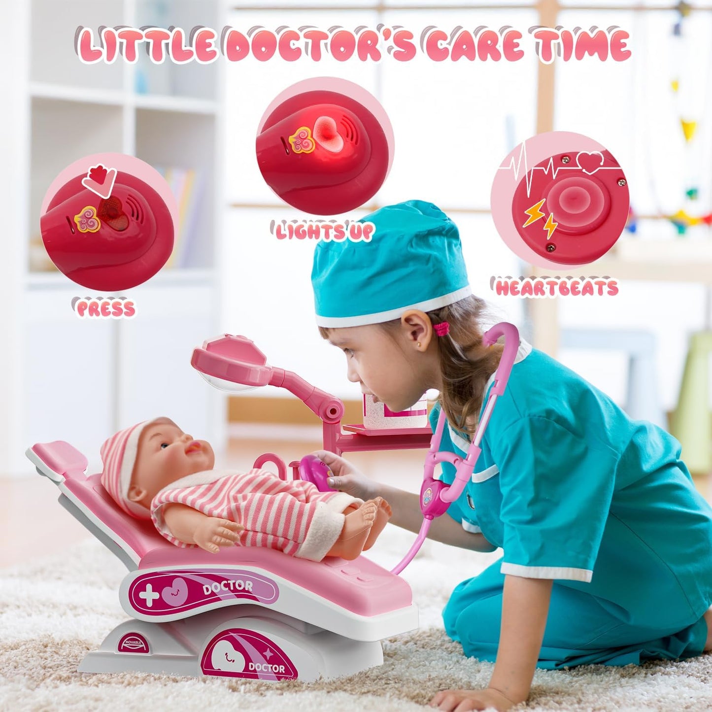 Toy Doctor Kit for Toddlers, Kids Dentist Play Set with Dentist Chair, Doll Toy, Stethoscope, Large Carrying Storage Bag, Dental Accessories, Pretend Doctor Play Medical Gift Kit for Girls Pink