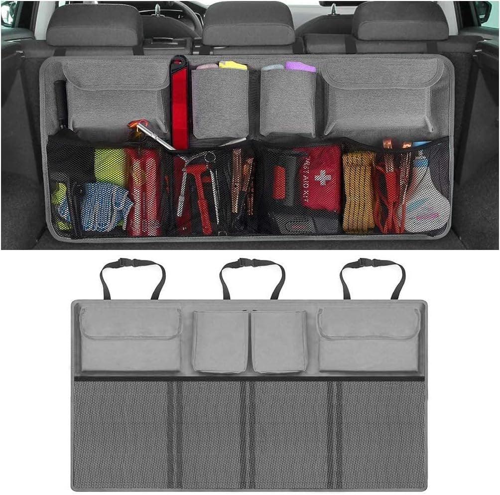 TSUGAMI Car Trunk Organizer, Super Capacity Collapsible Backseat Hanging Bag with Multiple Storage Pockets, Foldable Automotive Space Saving Accessories, Universal for Truck, SUV, RV (Gray)