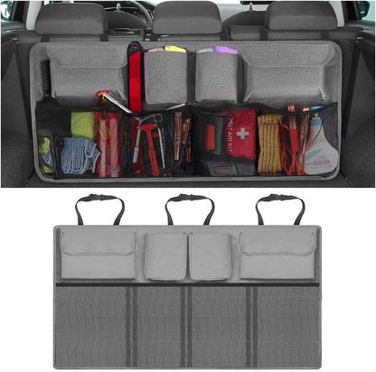 TSUGAMI Car Trunk Organizer, Super Capacity Collapsible Backseat Hanging Bag with Multiple Storage Pockets, Foldable Automotive Space Saving Accessories, Universal for Truck, SUV, RV (Gray)