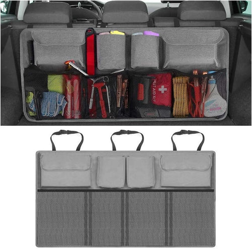 TSUGAMI Car Trunk Organizer, Super Capacity Collapsible Backseat Hanging Bag with Multiple Storage Pockets, Foldable Automotive Space Saving Accessories, Universal for Truck, SUV, RV (Gray)
