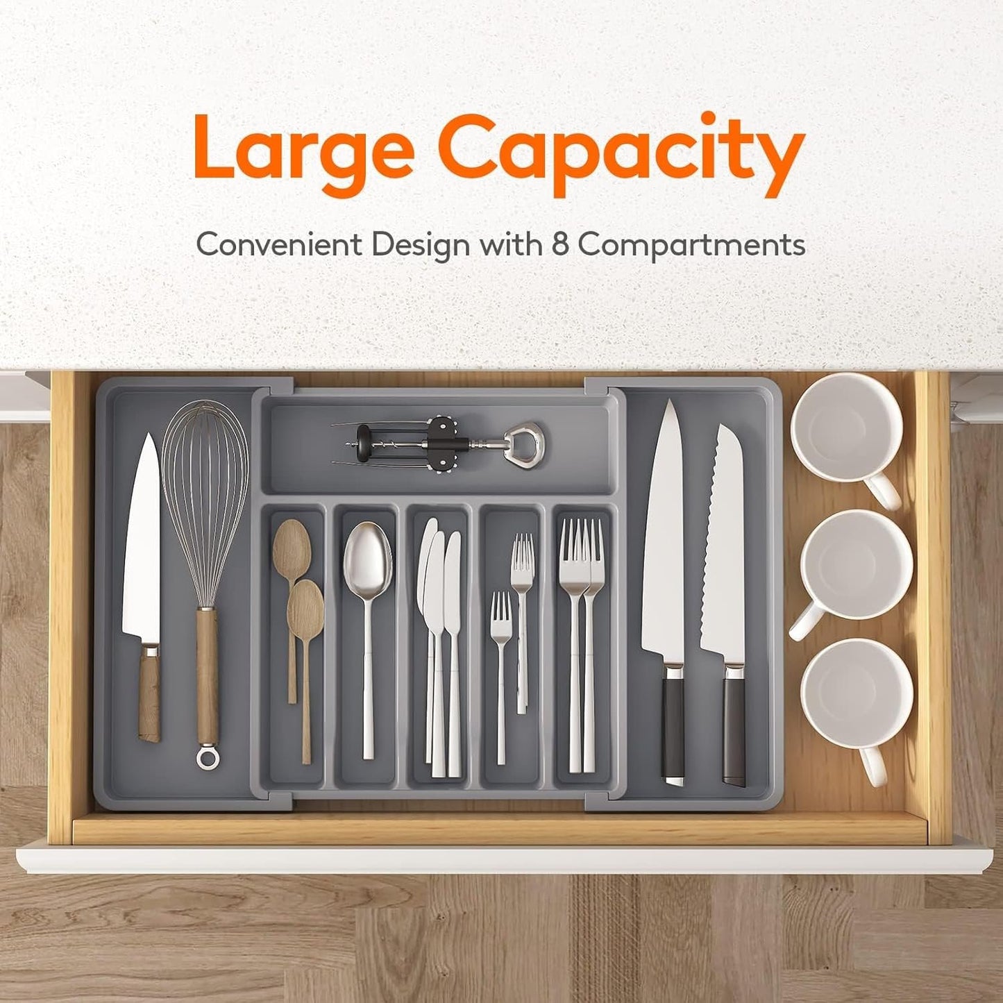 LMX Cutlery Drawer Organizer, Expandable Utensil Kitchen Drawer Organizer,BPA Free Adjustable Plastic Storage Box for Forks, Knives,Tools More (Grey, Large)